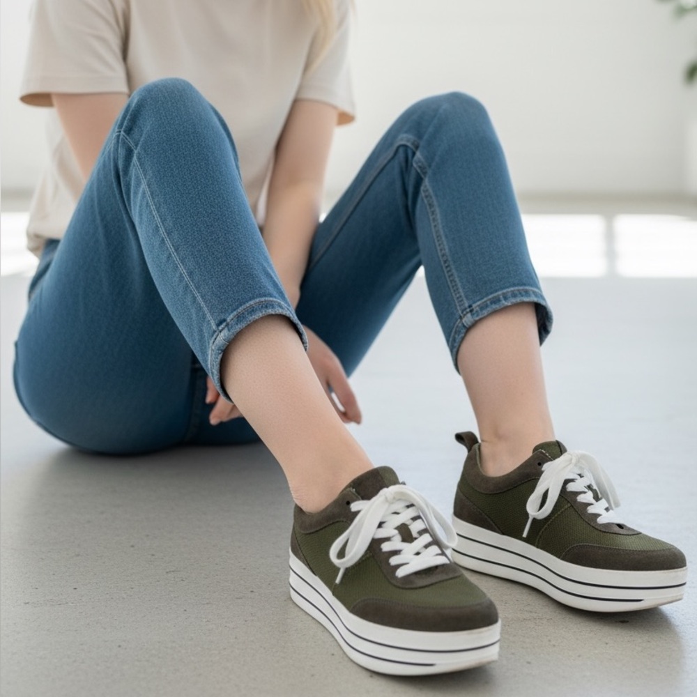 Zara Olive Green and White Platform Sneakers